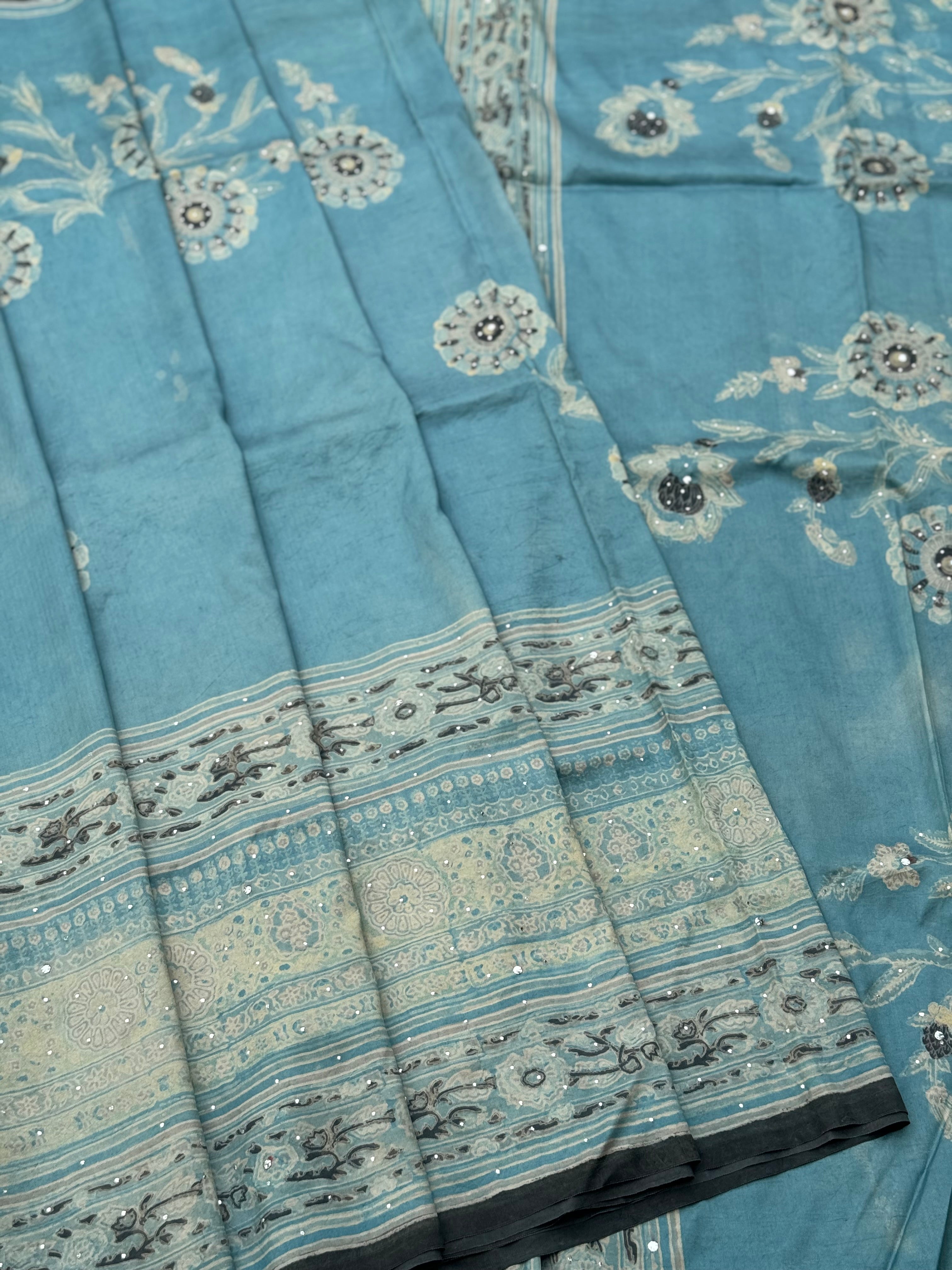 A complete natural / vegetable dyed double resistant block prints soft mulberry silk saree