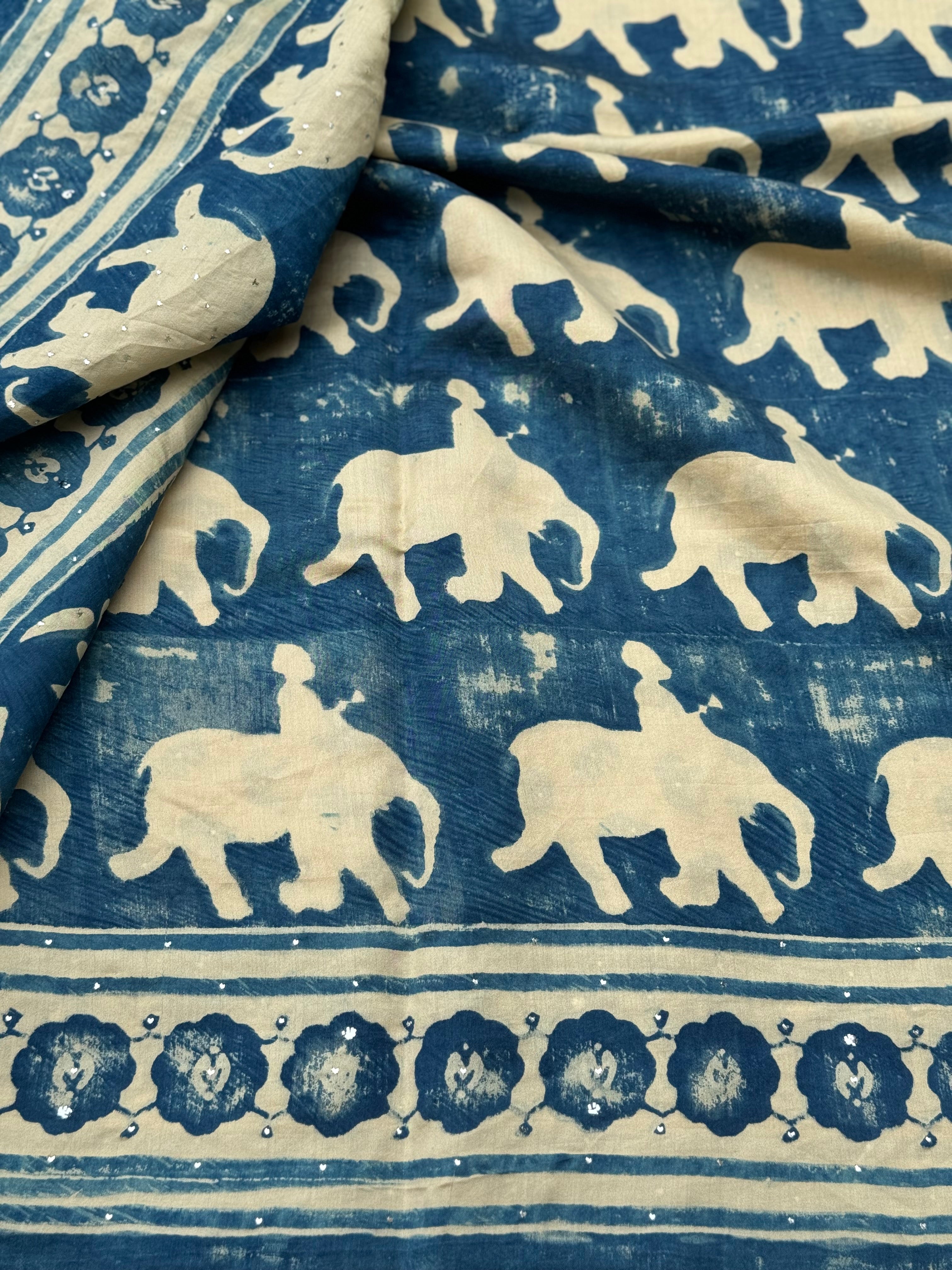 Natural dyed ajrakh printed mulberry silk SAREE with mukesh badla work