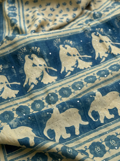 Natural dyed ajrakh printed mulberry silk SAREE with mukesh badla work