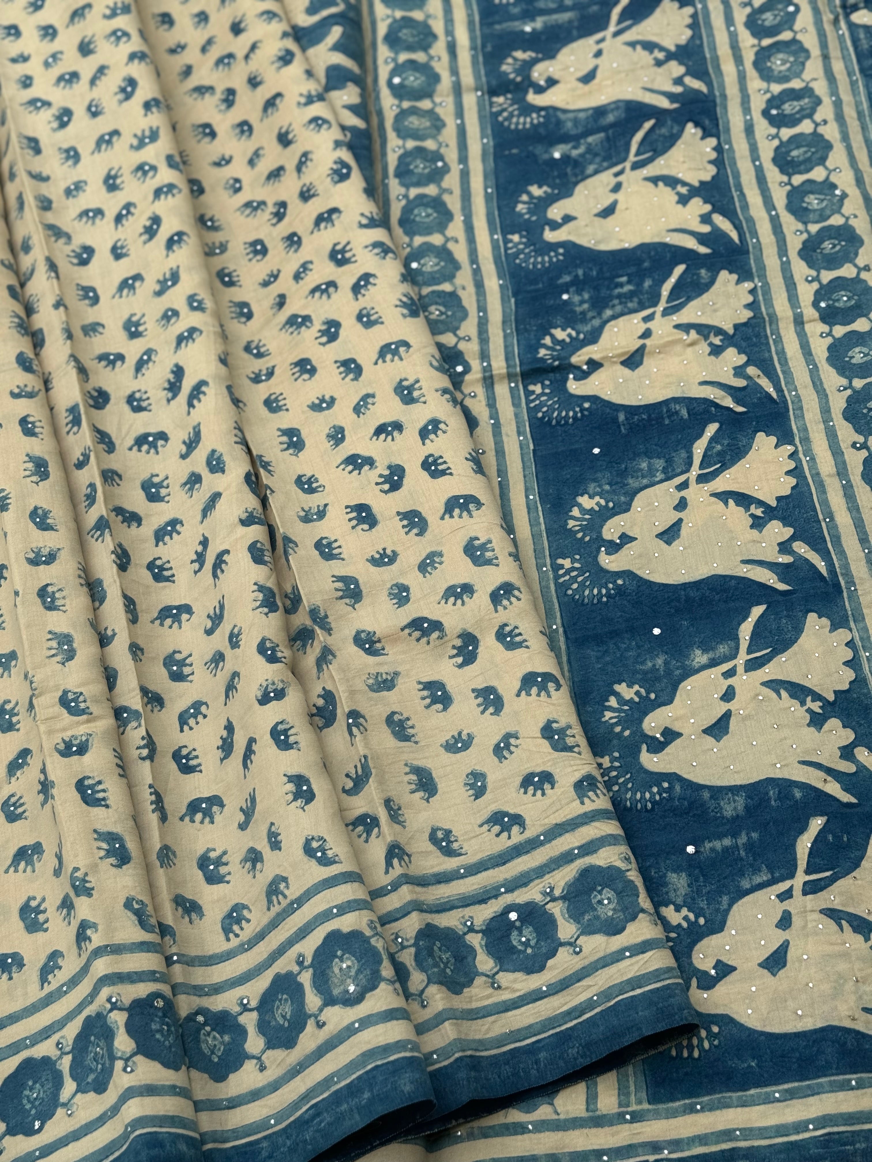 Natural dyed ajrakh printed mulberry silk SAREE with mukesh badla work