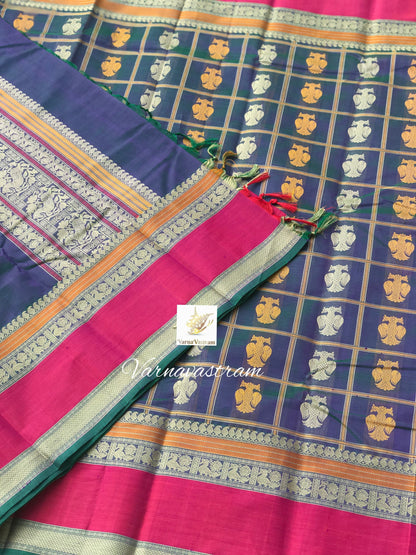 Peacock blue 1000 buttas gandhaberunda silk cotton saree