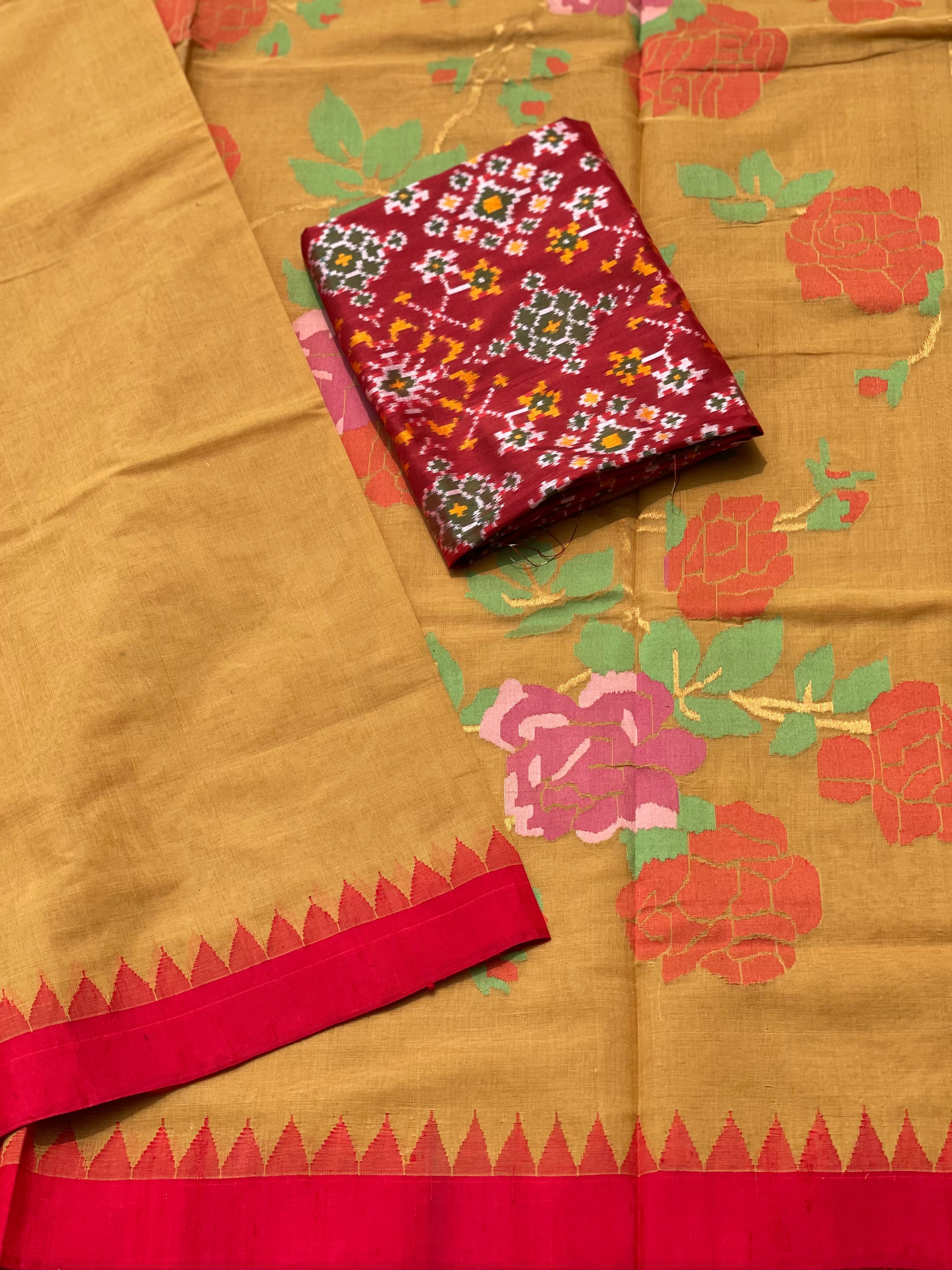 Mustard yellow with red Ponduru khadi Jamdani cotton saree