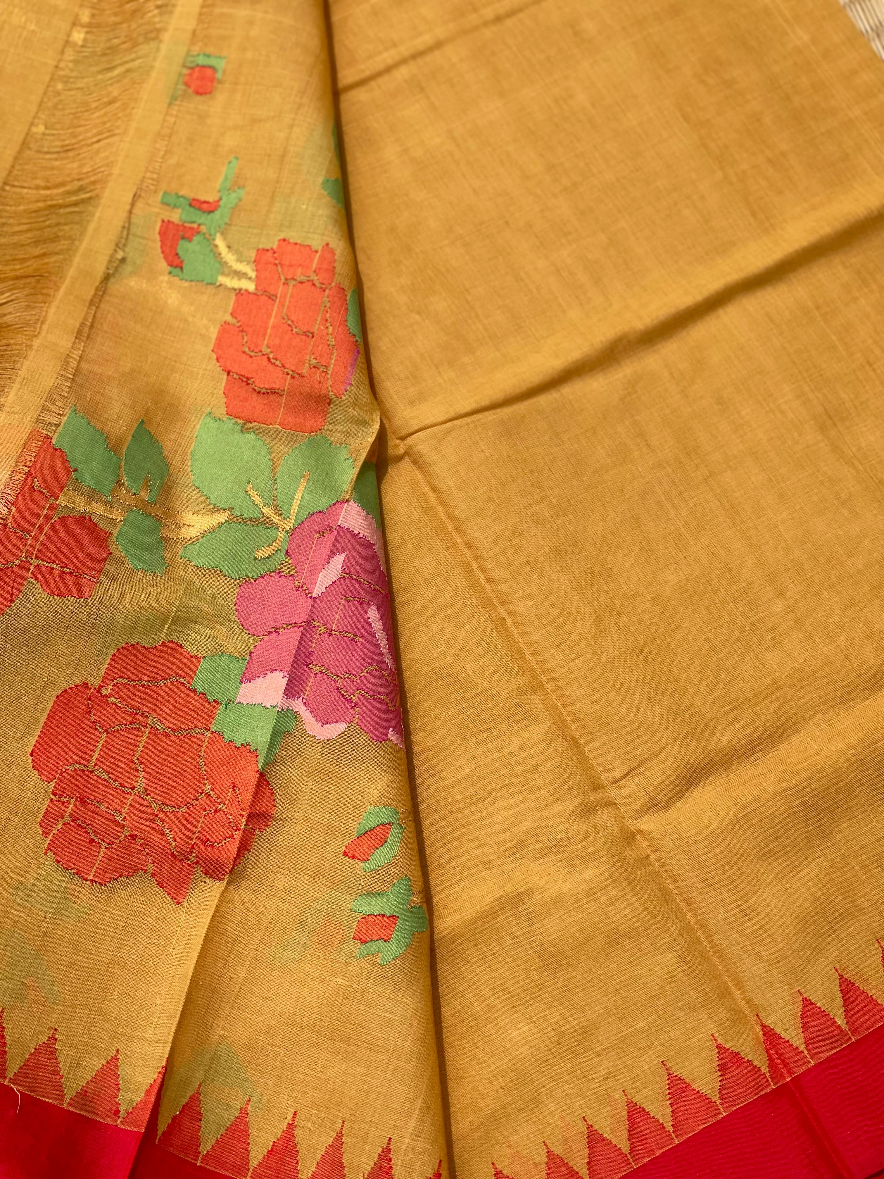 Mustard yellow with red Ponduru khadi Jamdani cotton saree