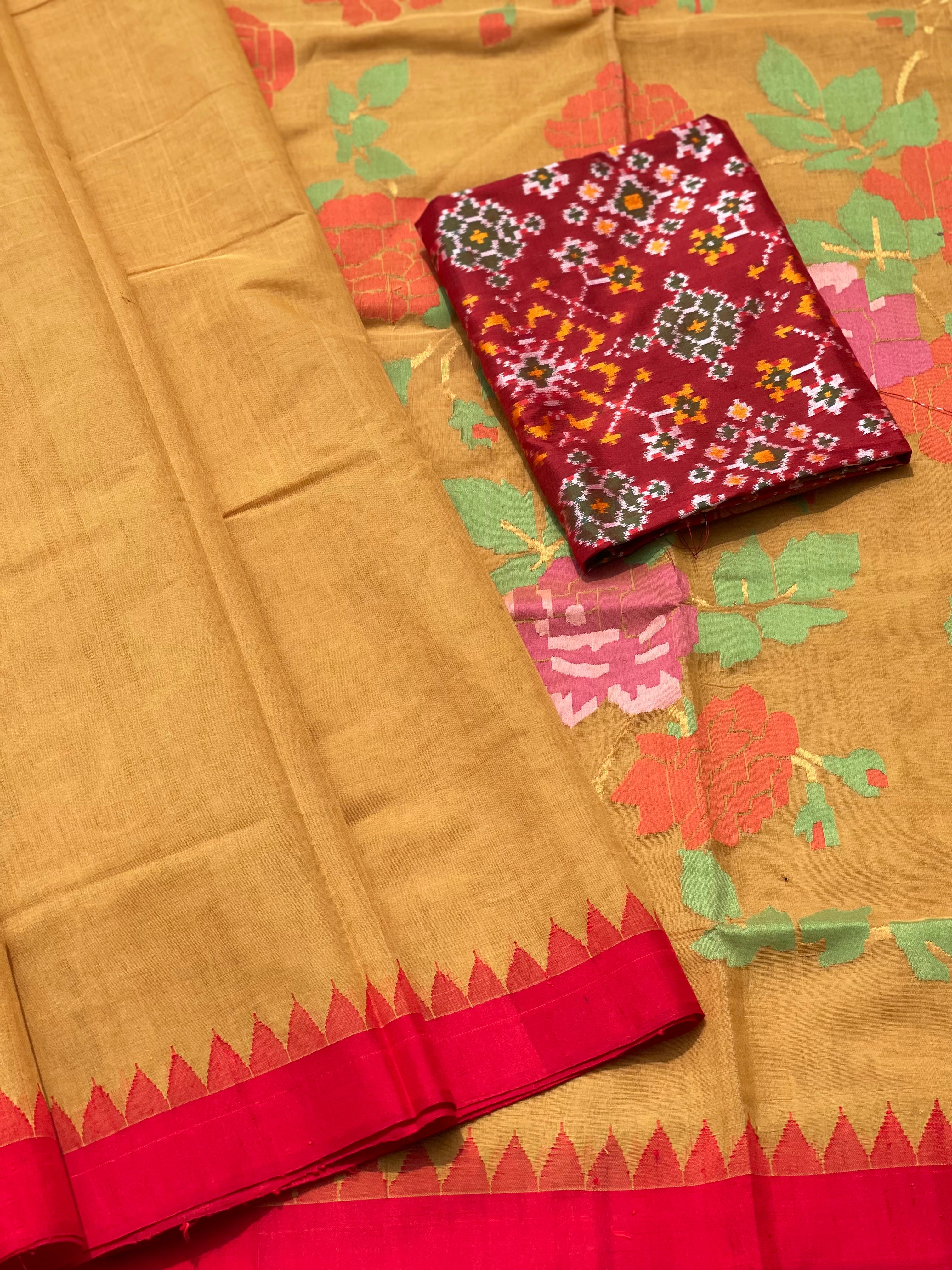 Mustard yellow with red Ponduru khadi Jamdani cotton saree