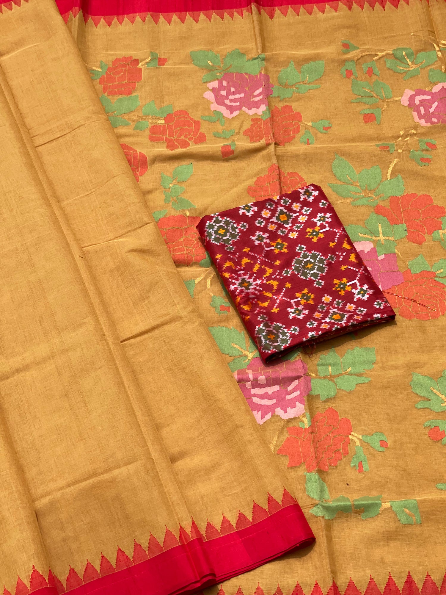 Mustard yellow with red Ponduru khadi Jamdani cotton saree