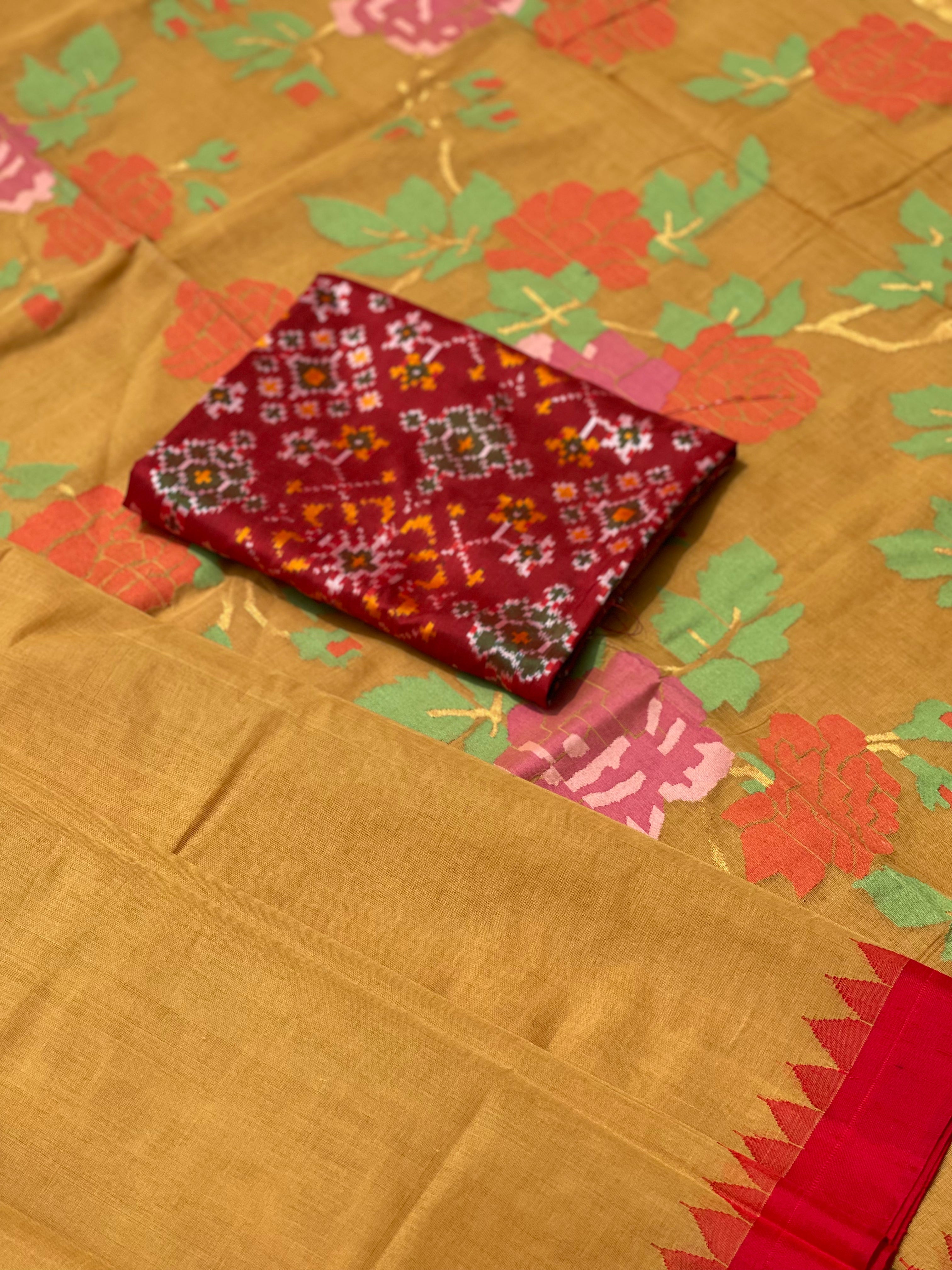 Mustard yellow with red Ponduru khadi Jamdani cotton saree