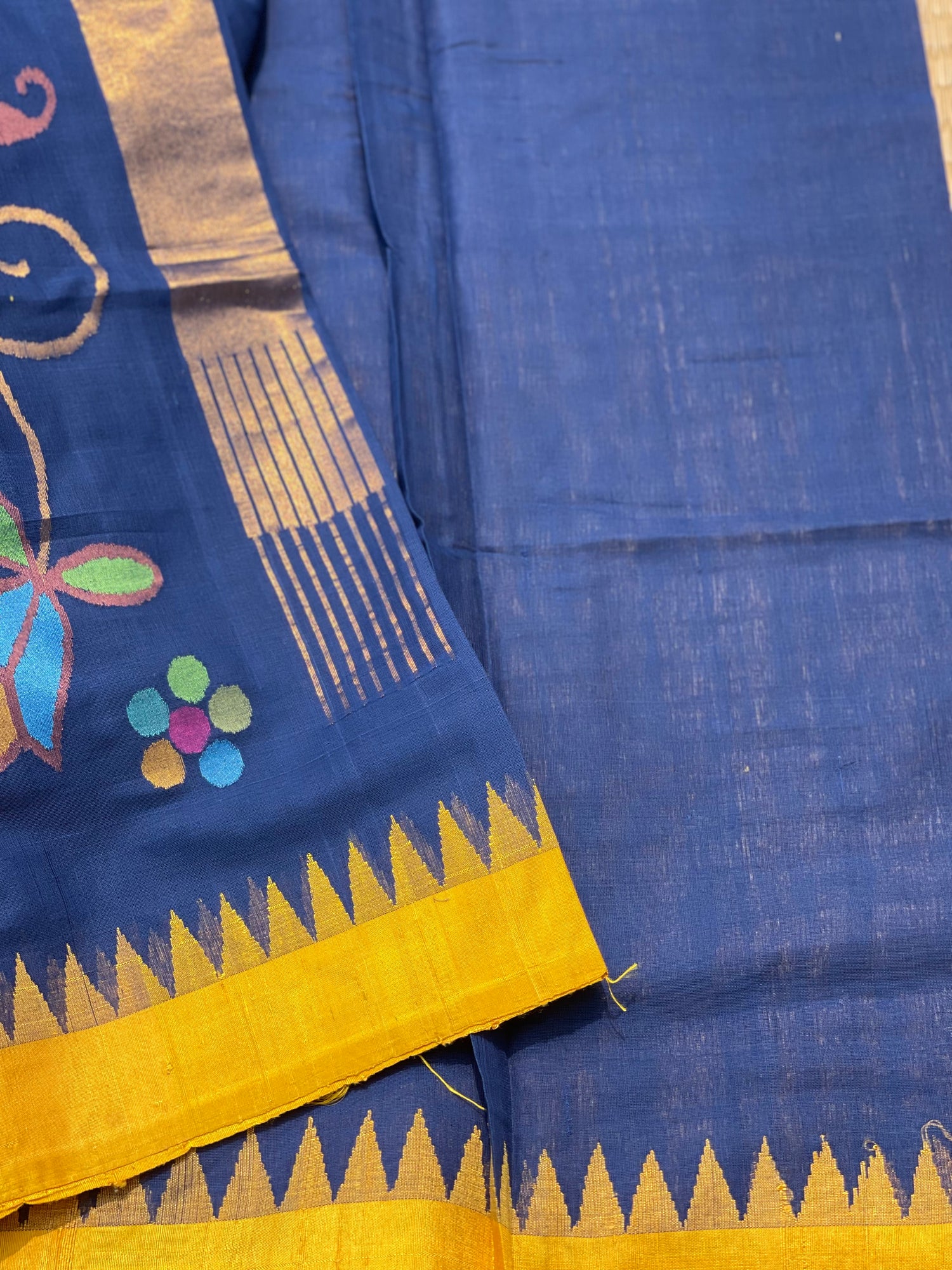 Deep Navy blue with yellow Ponduru khadi Jamdani cotton saree