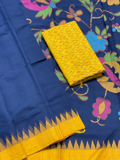 Deep Navy blue with yellow Ponduru khadi Jamdani cotton saree
