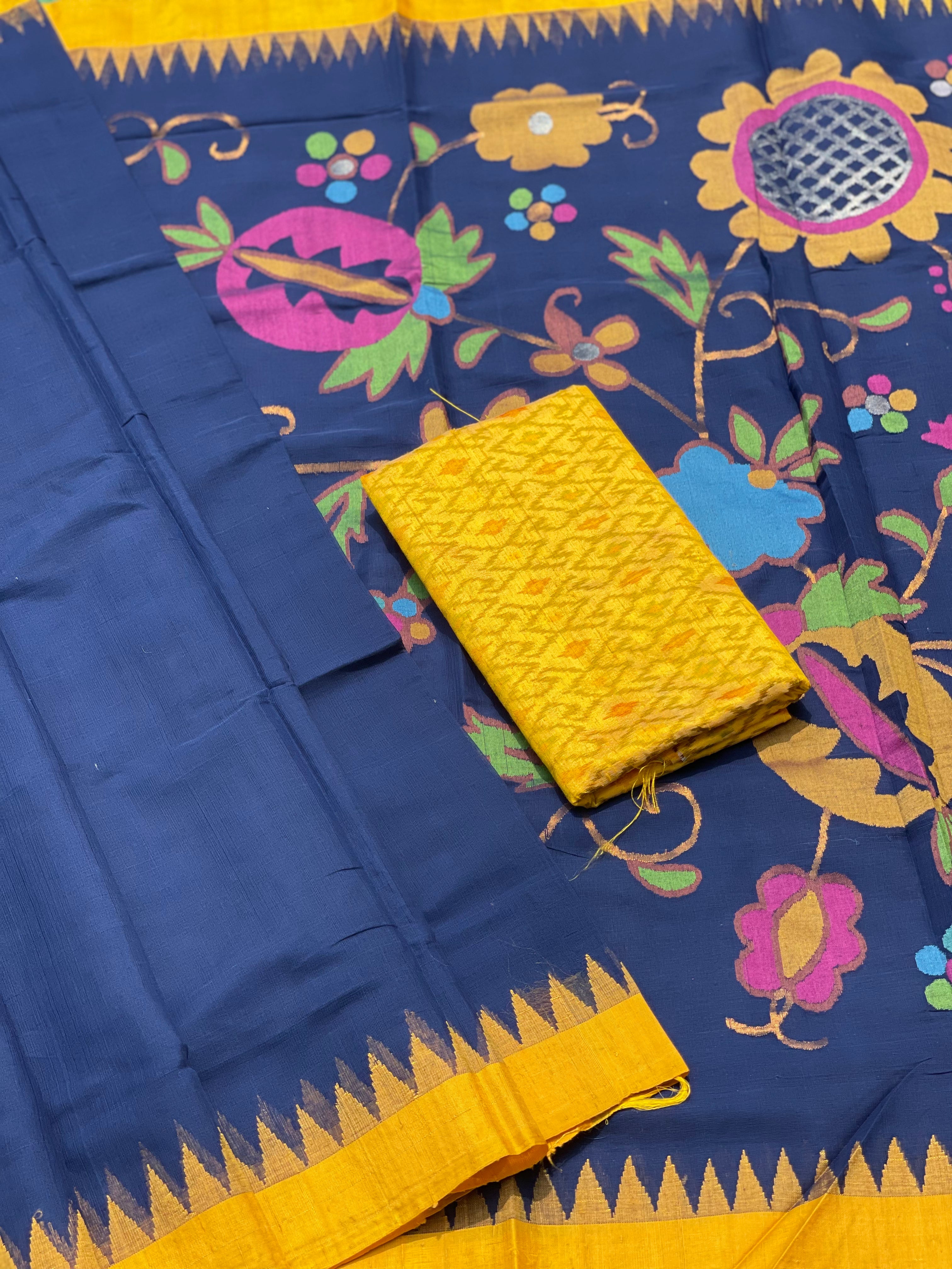 Deep Navy blue with yellow Ponduru khadi Jamdani cotton saree