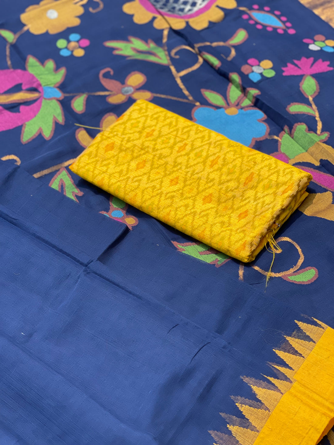 Deep Navy blue with yellow Ponduru khadi Jamdani cotton saree
