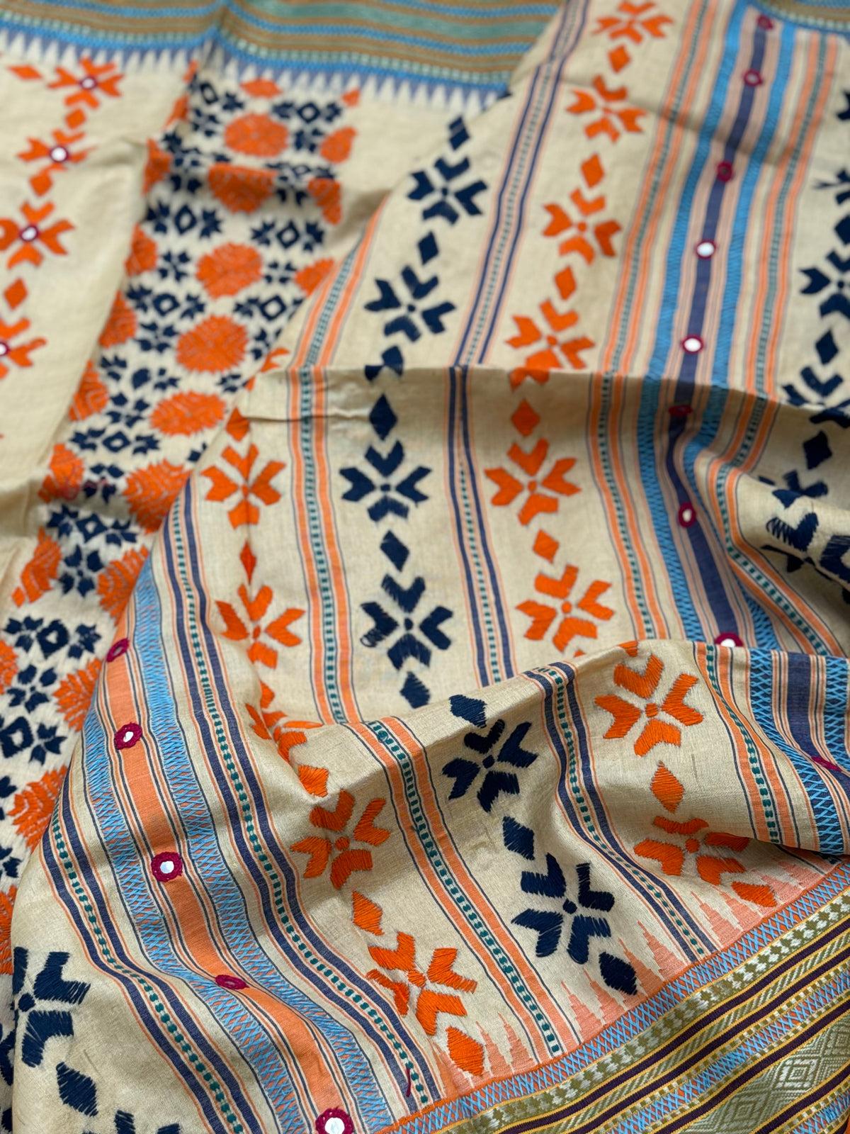 An exquisite handwoven vidharbha tussar silk saree with karvati kinar border intricately phulkari hand embroidered