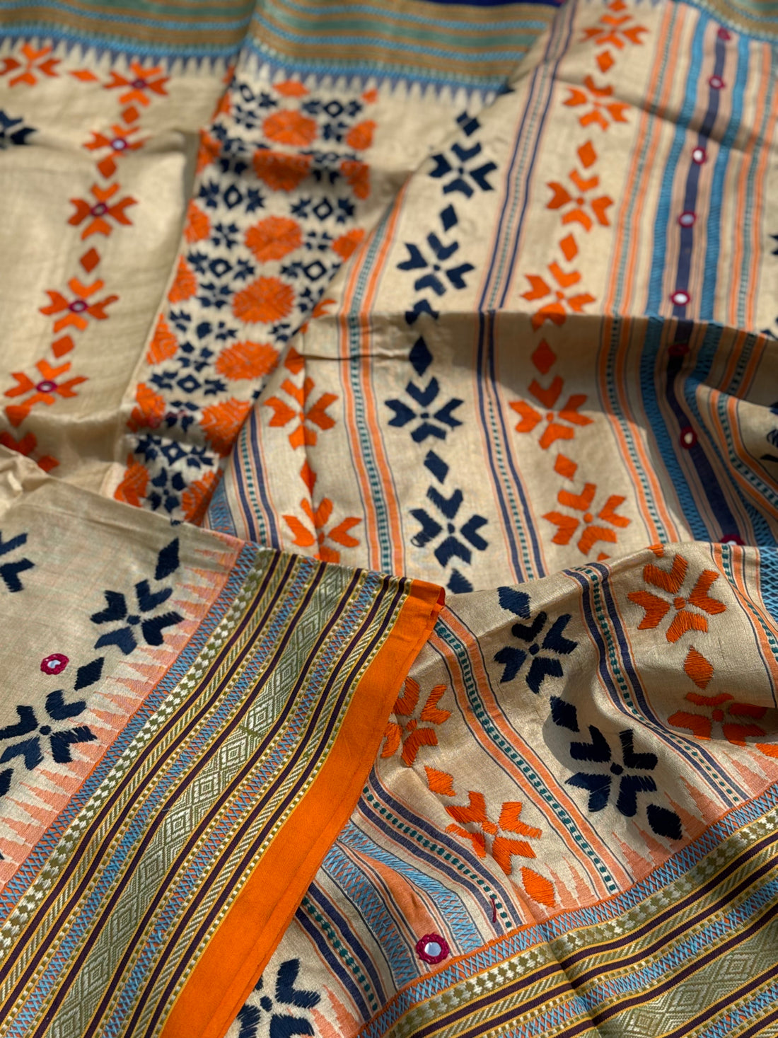 An exquisite handwoven vidharbha tussar silk saree with karvati kinar border intricately phulkari hand embroidered