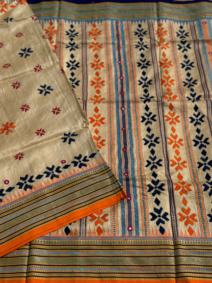 An exquisite handwoven vidharbha tussar silk saree with karvati kinar border intricately phulkari hand embroidered