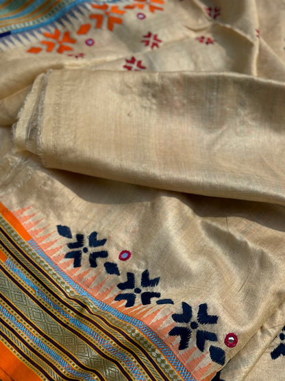 An exquisite handwoven vidharbha tussar silk saree with karvati kinar border intricately phulkari hand embroidered