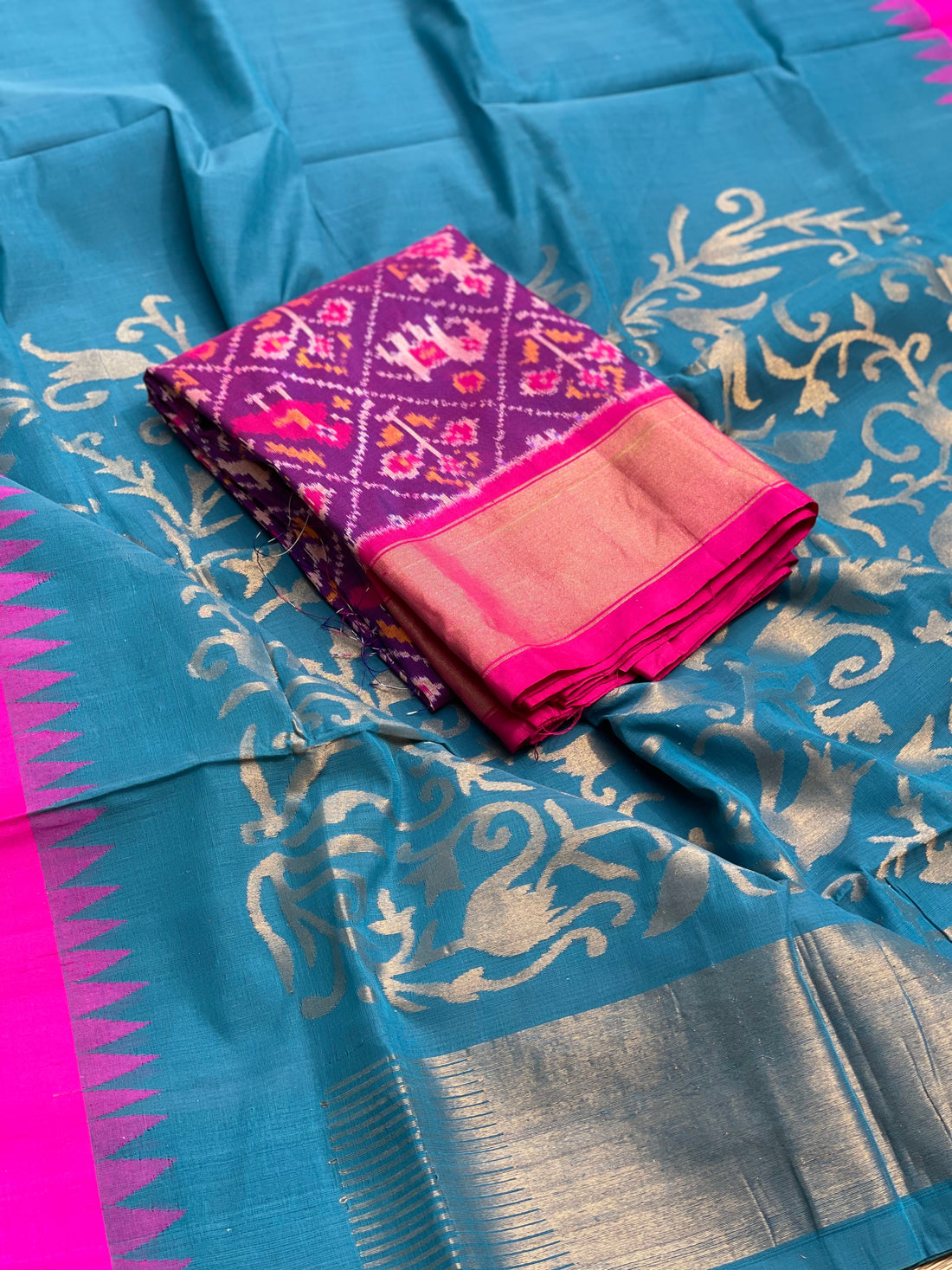 Teal Peacock blue with pink Ponduru khadi Jamdani cotton saree