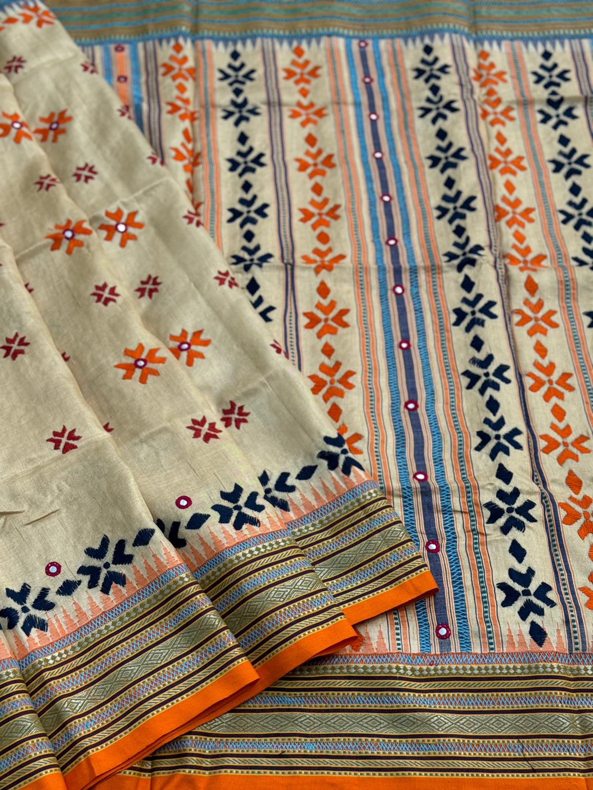 An exquisite handwoven vidharbha tussar silk saree with karvati kinar border intricately phulkari hand embroidered