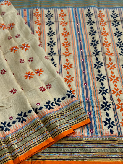 An exquisite handwoven vidharbha tussar silk saree with karvati kinar border intricately phulkari hand embroidered