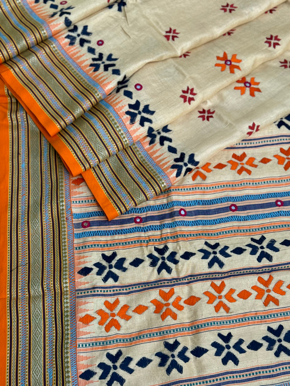 An exquisite handwoven vidharbha tussar silk saree with karvati kinar border intricately phulkari hand embroidered