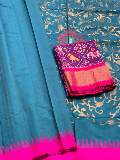 Teal Peacock blue with pink Ponduru khadi Jamdani cotton saree