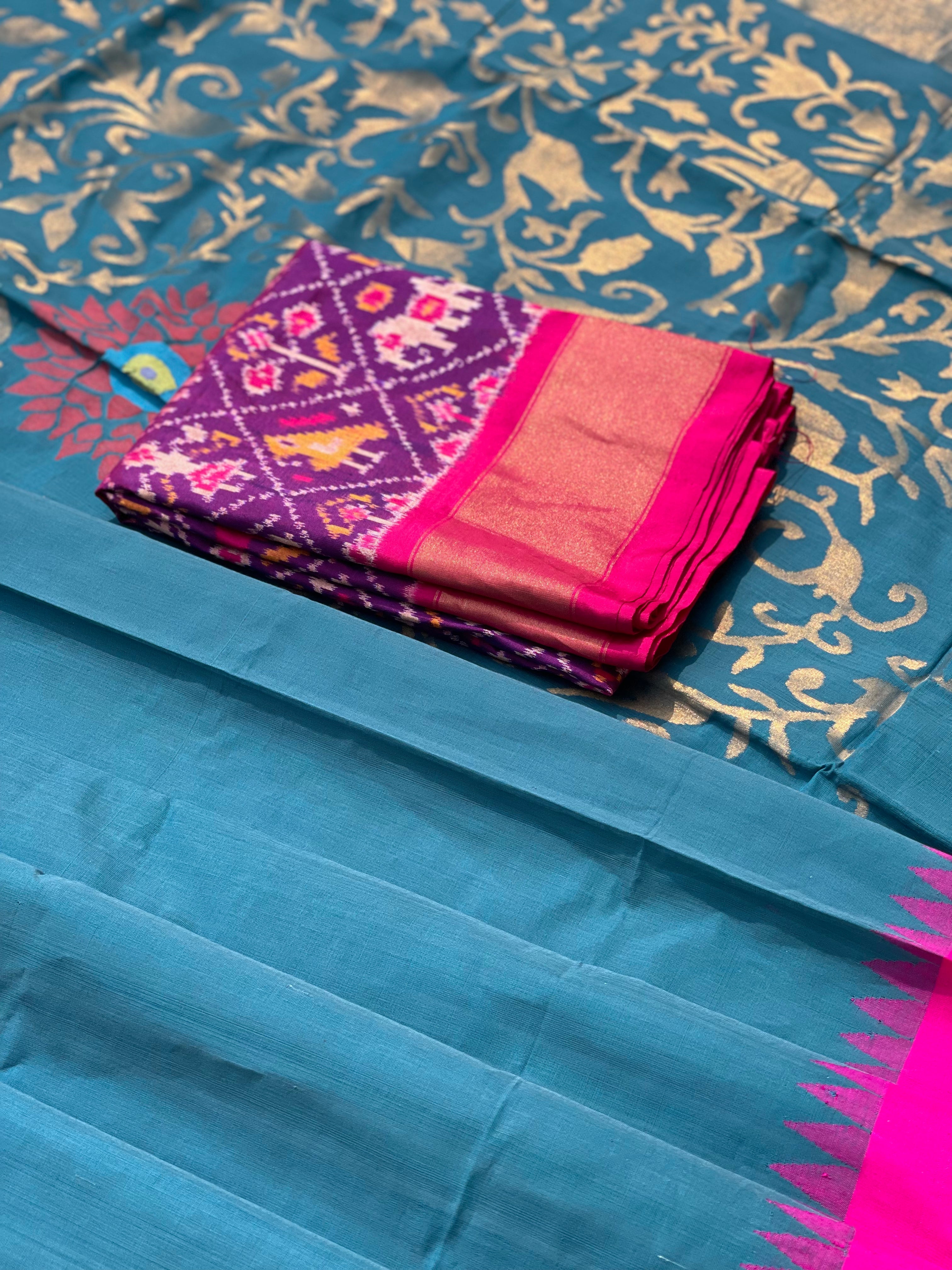 Teal Peacock blue with pink Ponduru khadi Jamdani cotton saree