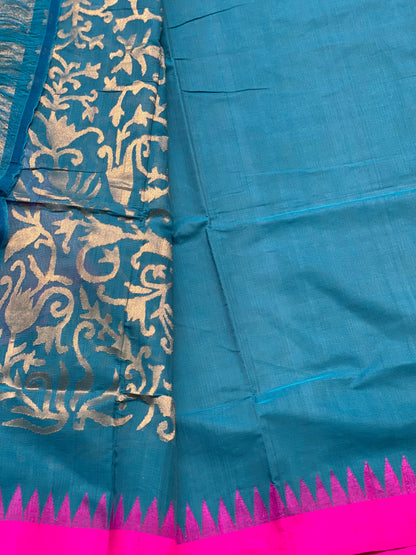 Teal Peacock blue with pink Ponduru khadi Jamdani cotton saree