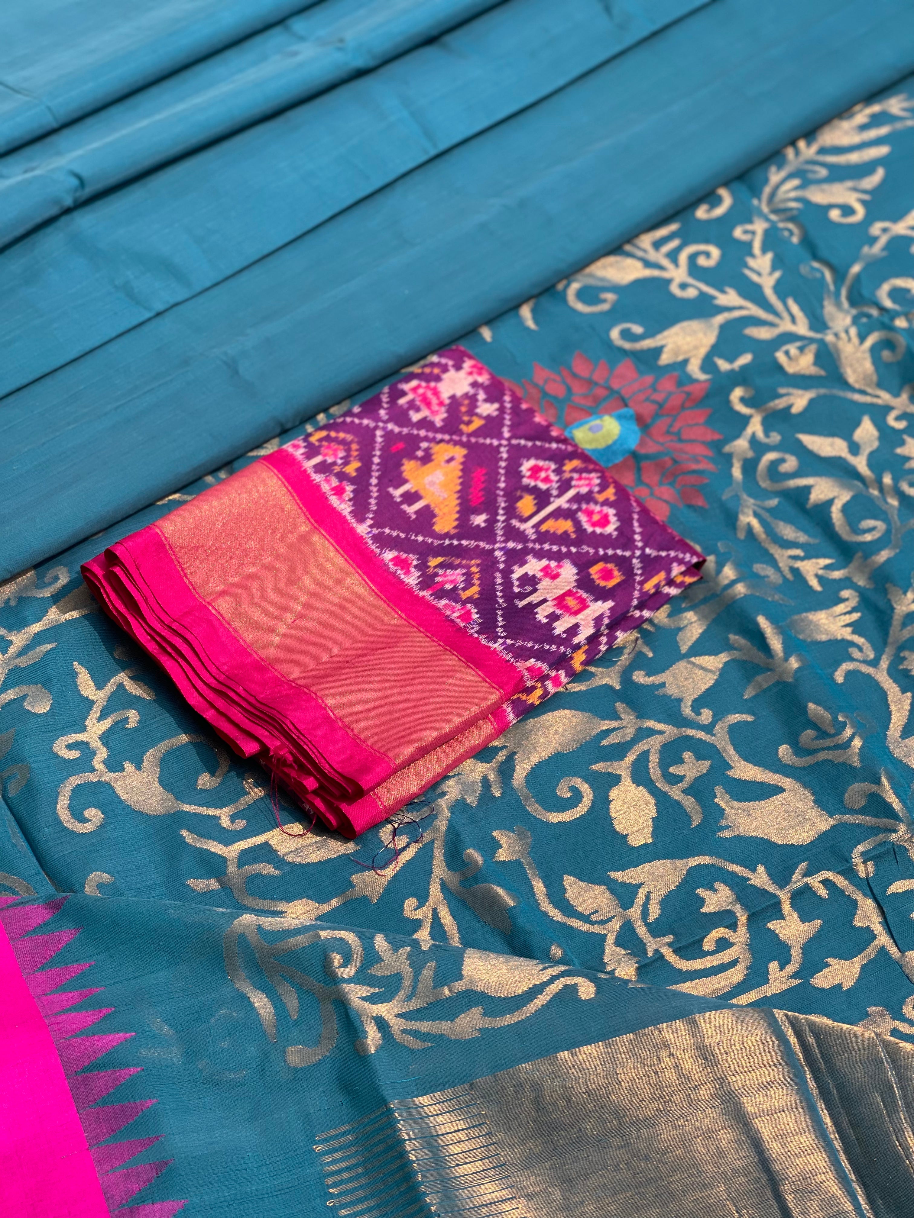 Teal Peacock blue with pink Ponduru khadi Jamdani cotton saree