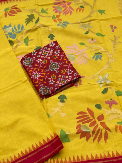 A gorgeous Canary Yellow Ponduru khadi Jaal Jamdani cotton saree