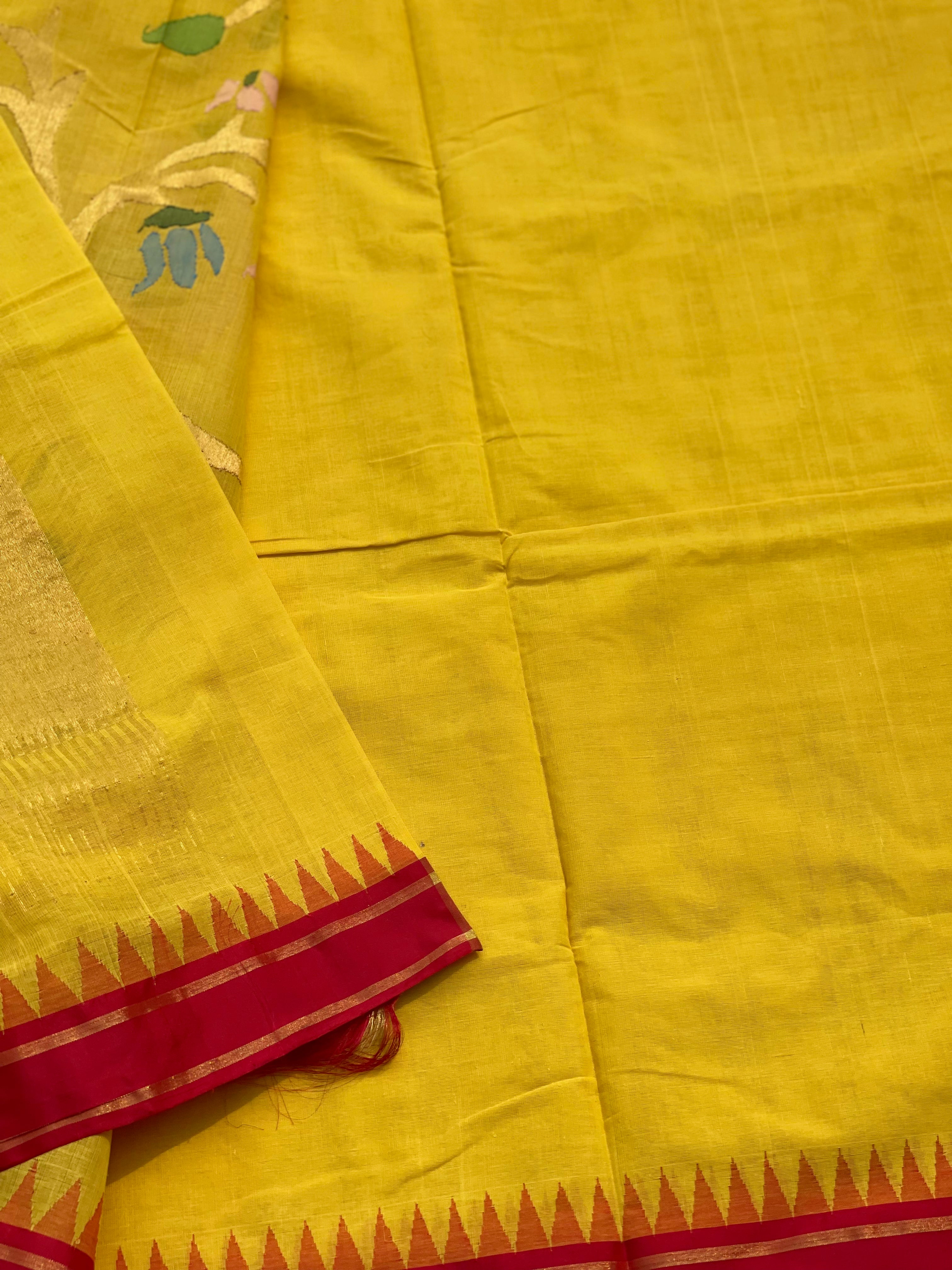 A gorgeous Canary Yellow Ponduru khadi Jaal Jamdani cotton saree