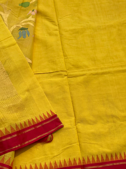 A gorgeous Canary Yellow Ponduru khadi Jaal Jamdani cotton saree