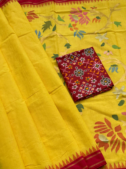 A gorgeous Canary Yellow Ponduru khadi Jaal Jamdani cotton saree