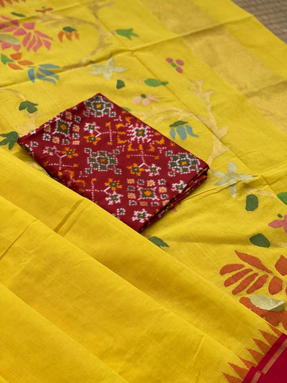 A gorgeous Canary Yellow Ponduru khadi Jaal Jamdani cotton saree