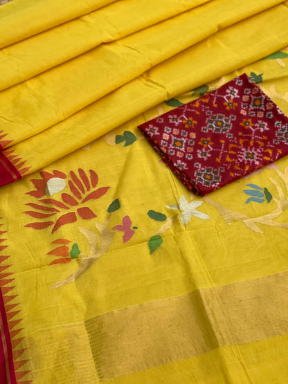 A gorgeous Canary Yellow Ponduru khadi Jaal Jamdani cotton saree