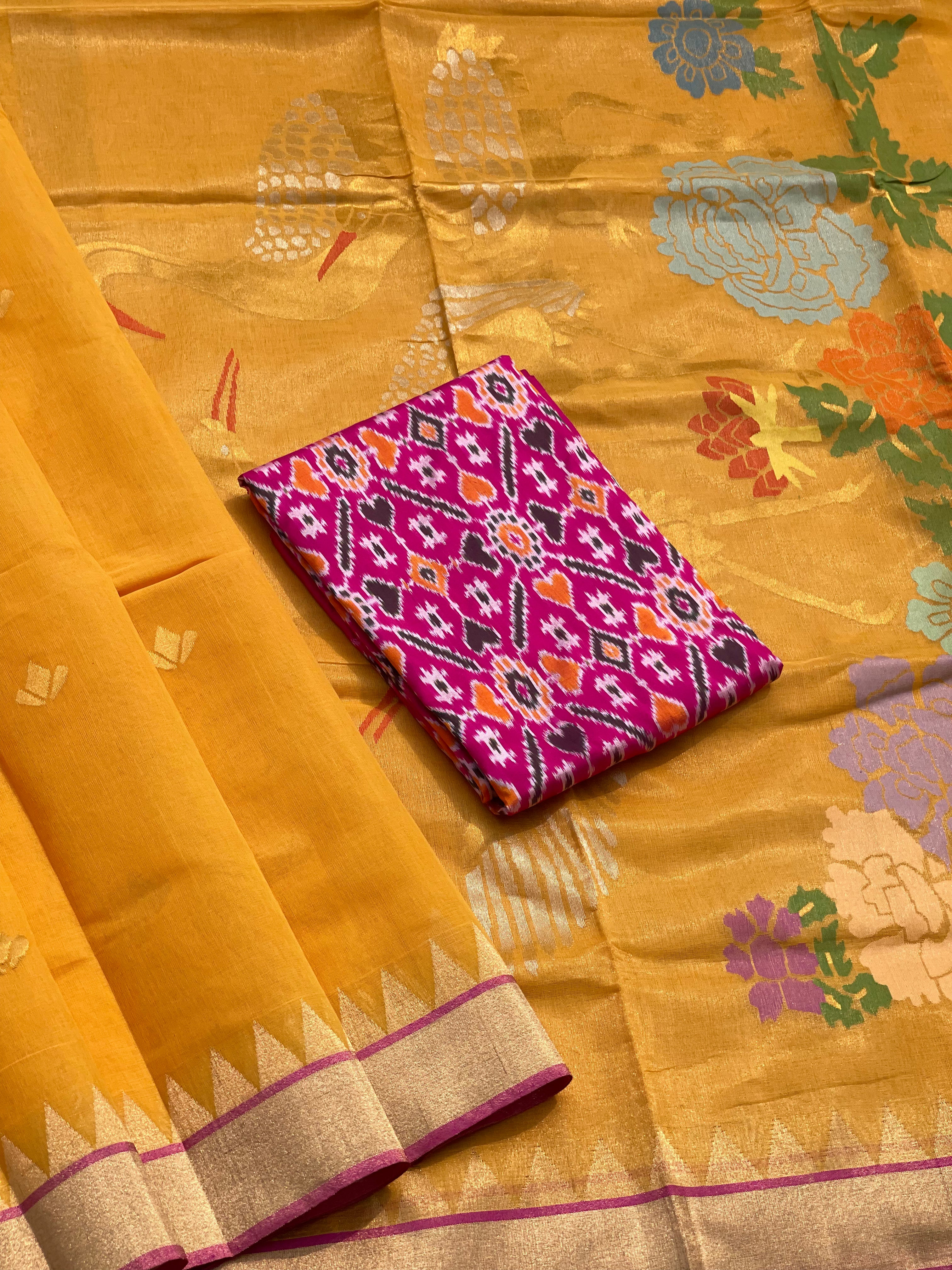 Turmeric Yellow Ponduru khadi Jaal Jamdani saree