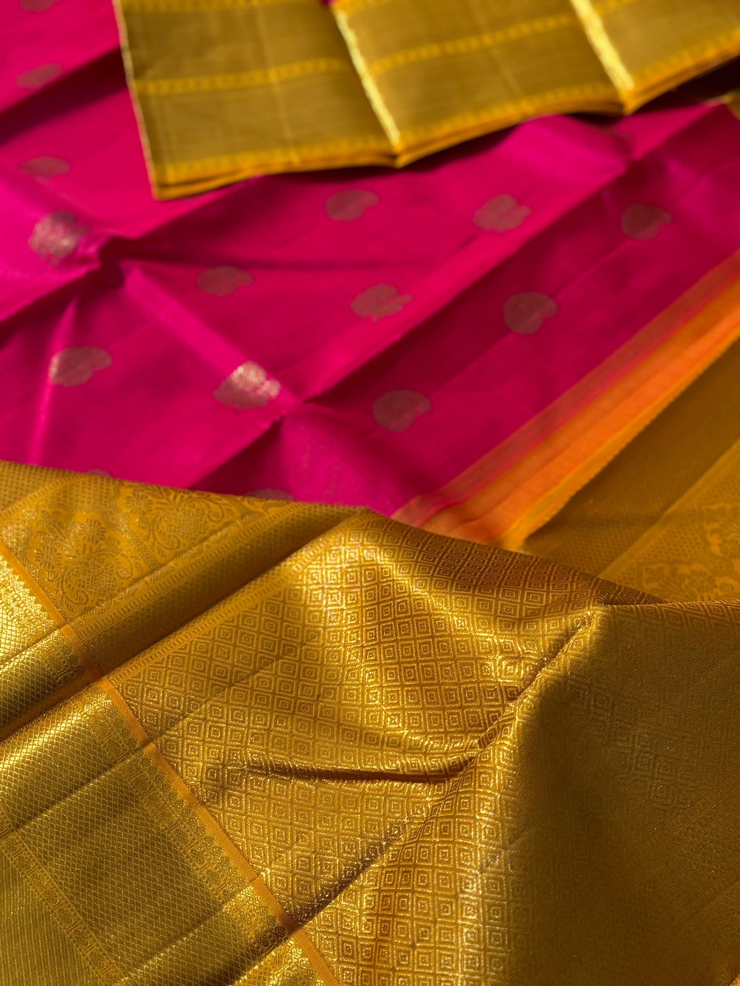 KADHAMBAM- The stunner pattu rose pink with oil mustard yellow korvai kanchivaram silk saree