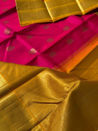 KADHAMBAM- The stunner pattu rose pink with oil mustard yellow korvai kanchivaram silk saree
