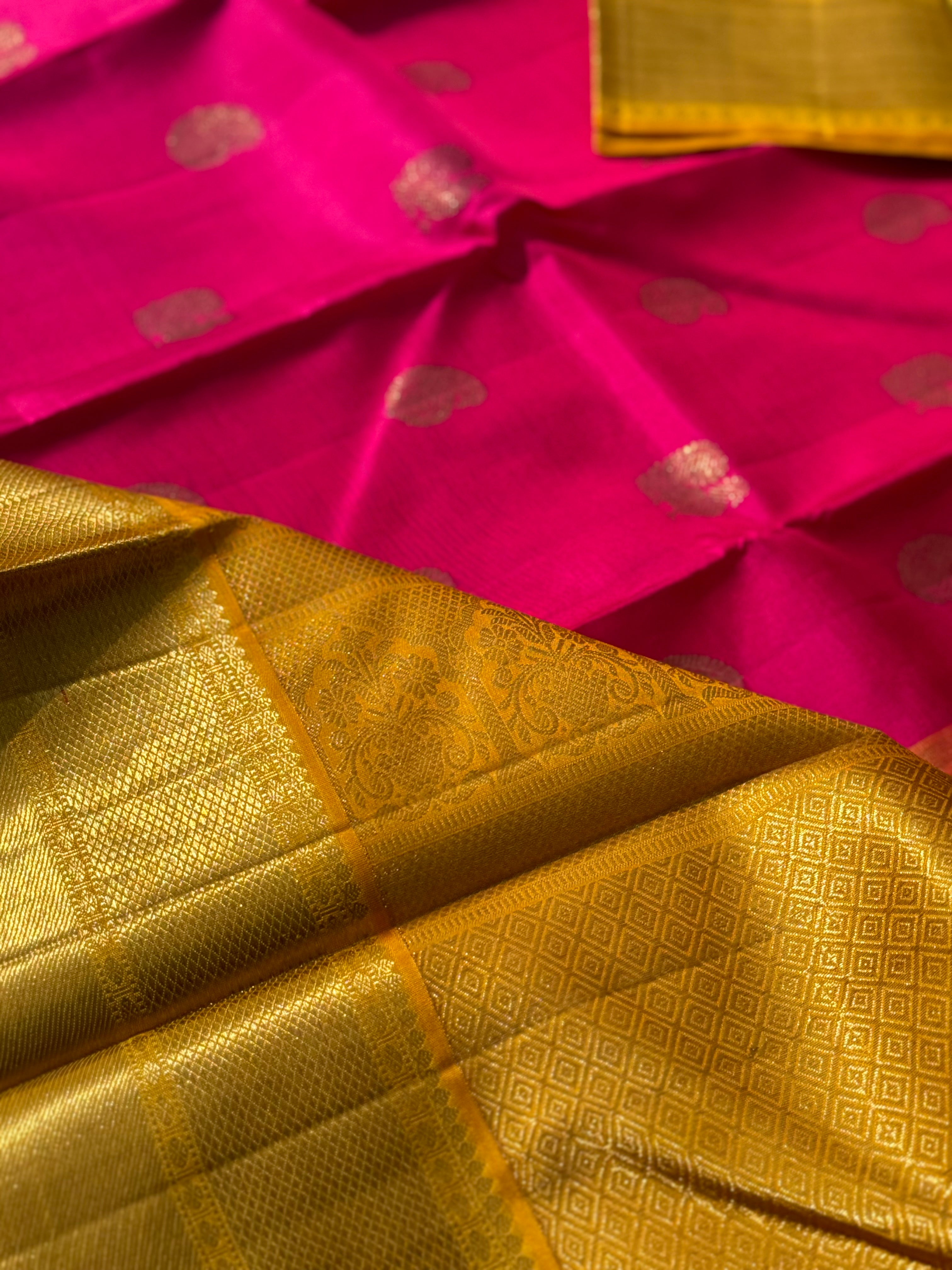 KADHAMBAM- The stunner pattu rose pink with oil mustard yellow korvai kanchivaram silk saree