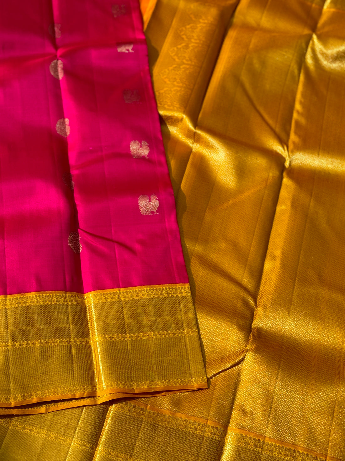KADHAMBAM- The stunner pattu rose pink with oil mustard yellow korvai kanchivaram silk saree