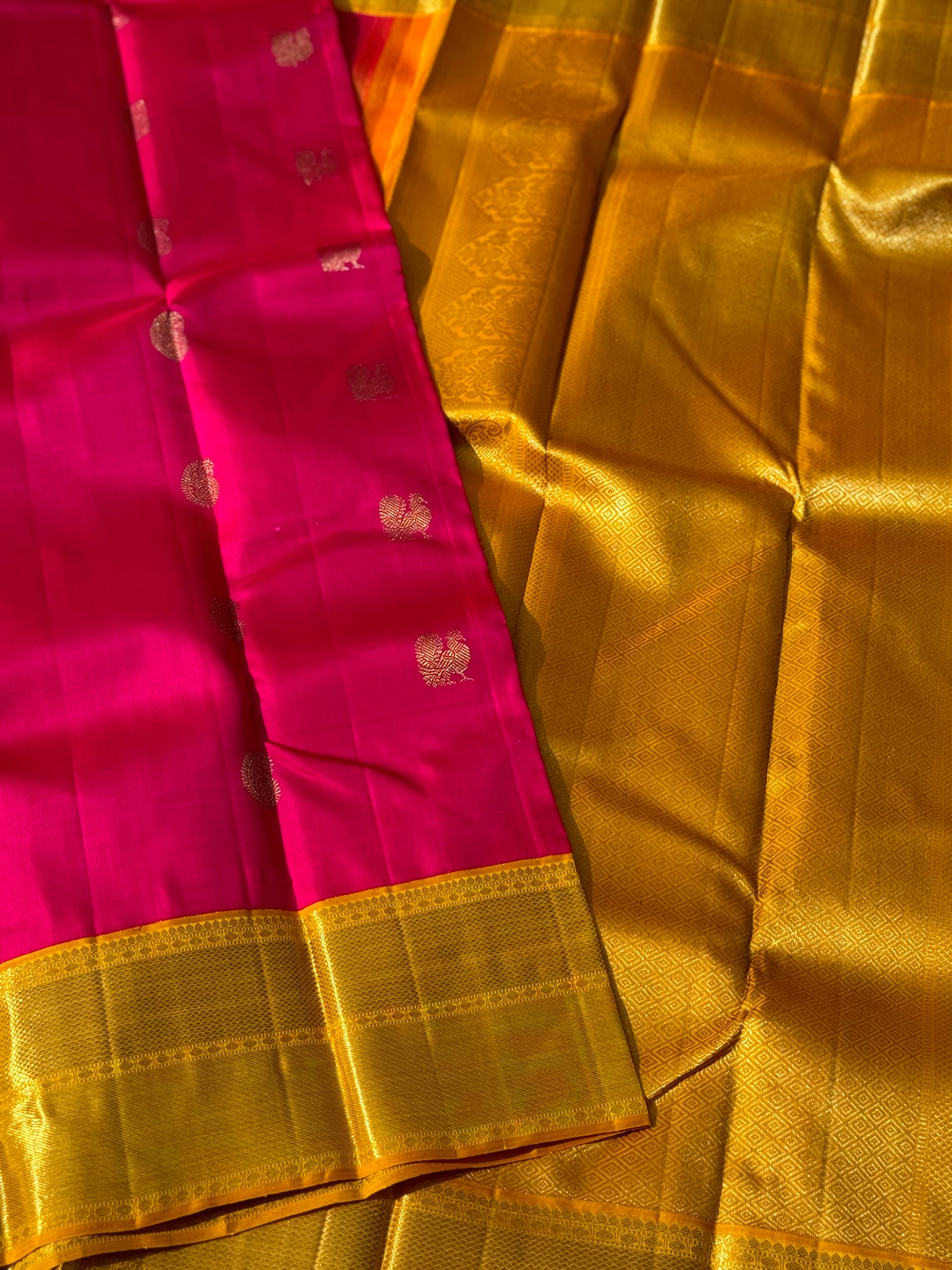 KADHAMBAM- The stunner pattu rose pink with oil mustard yellow korvai kanchivaram silk saree