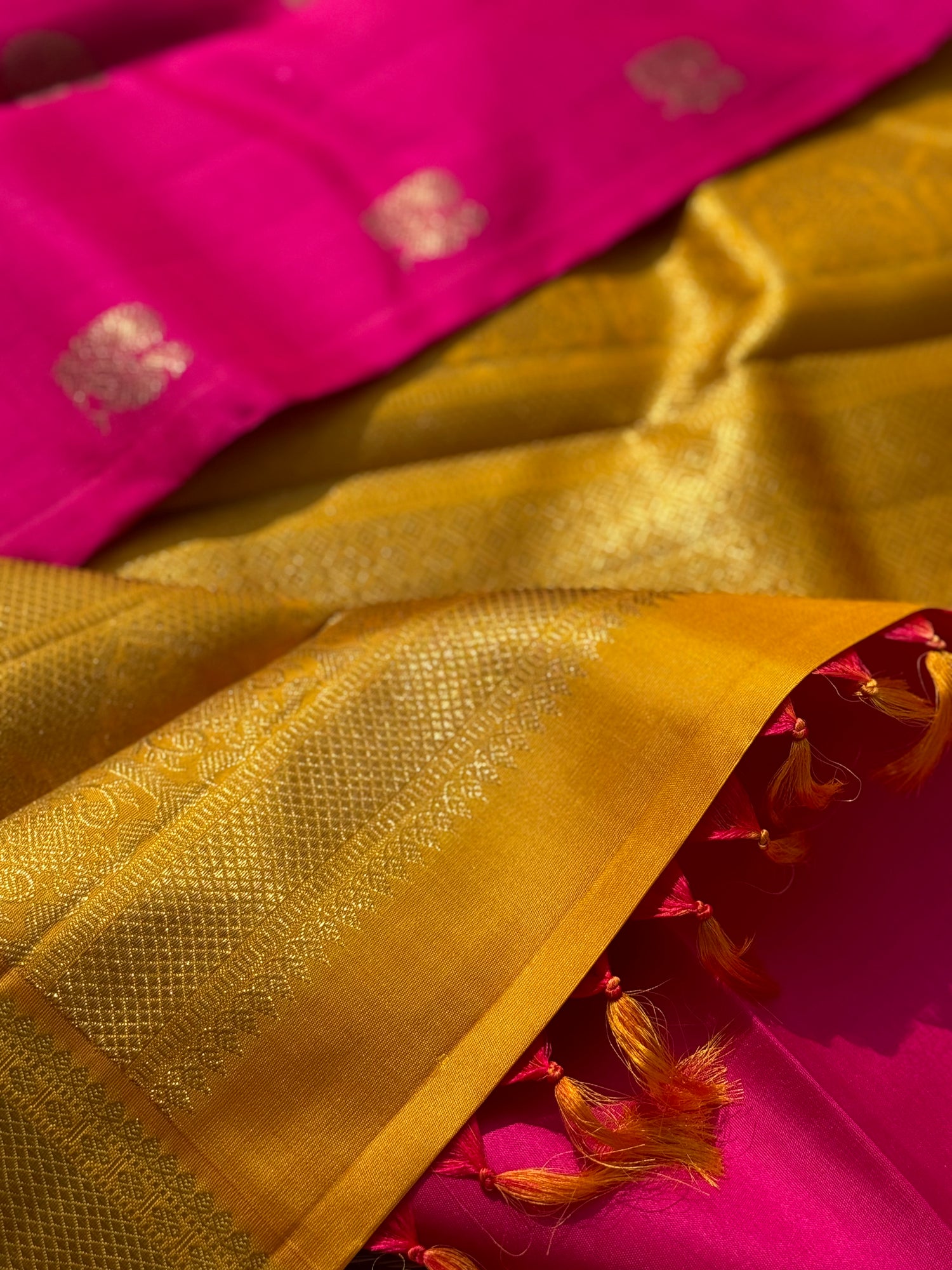 KADHAMBAM- The stunner pattu rose pink with oil mustard yellow korvai kanchivaram silk saree