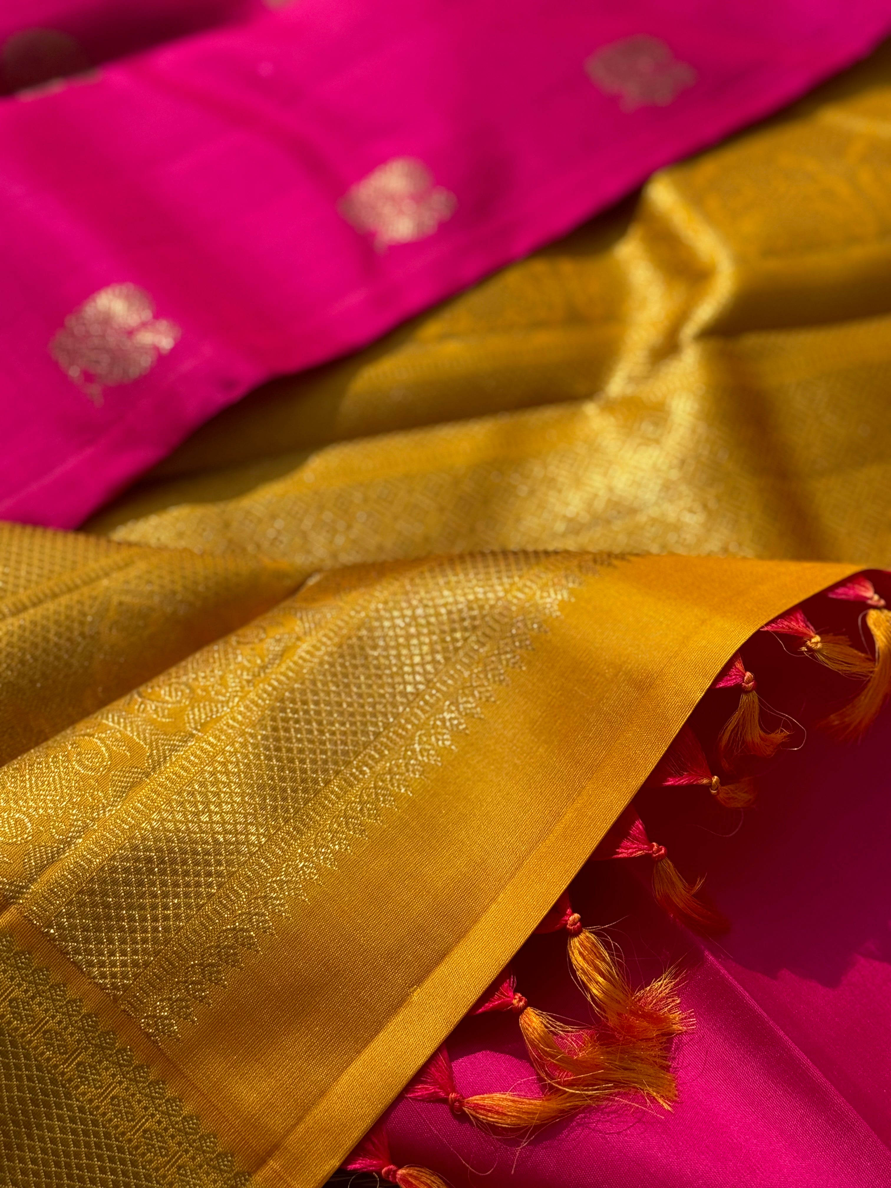KADHAMBAM- The stunner pattu rose pink with oil mustard yellow korvai kanchivaram silk saree