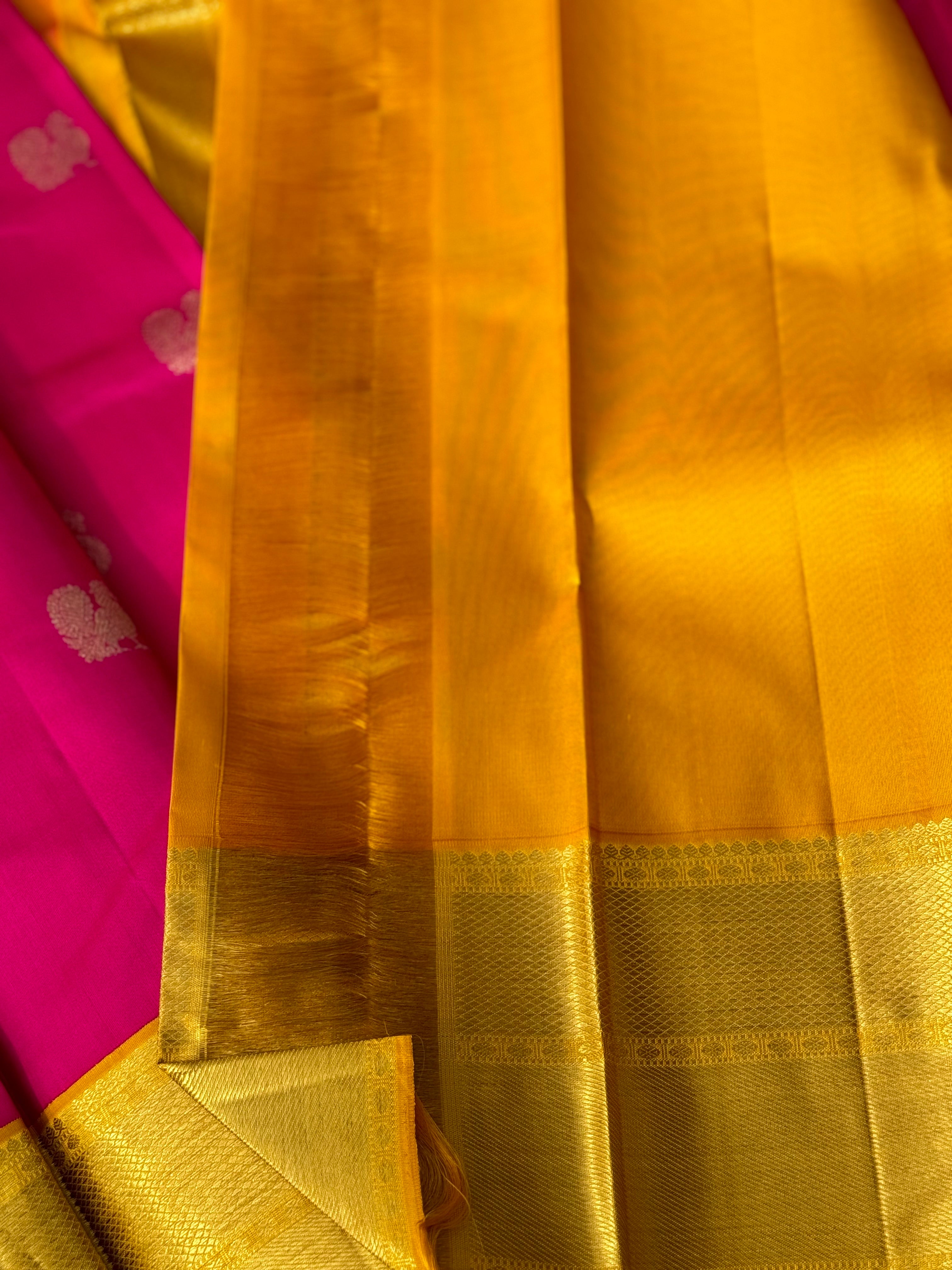 KADHAMBAM- The stunner pattu rose pink with oil mustard yellow korvai kanchivaram silk saree