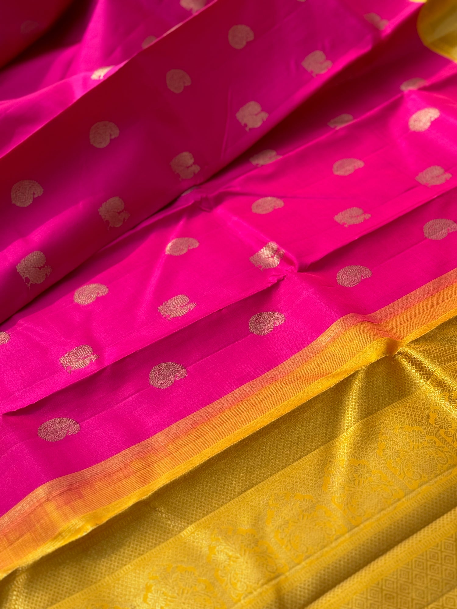 KADHAMBAM- The stunner pattu rose pink with oil mustard yellow korvai kanchivaram silk saree