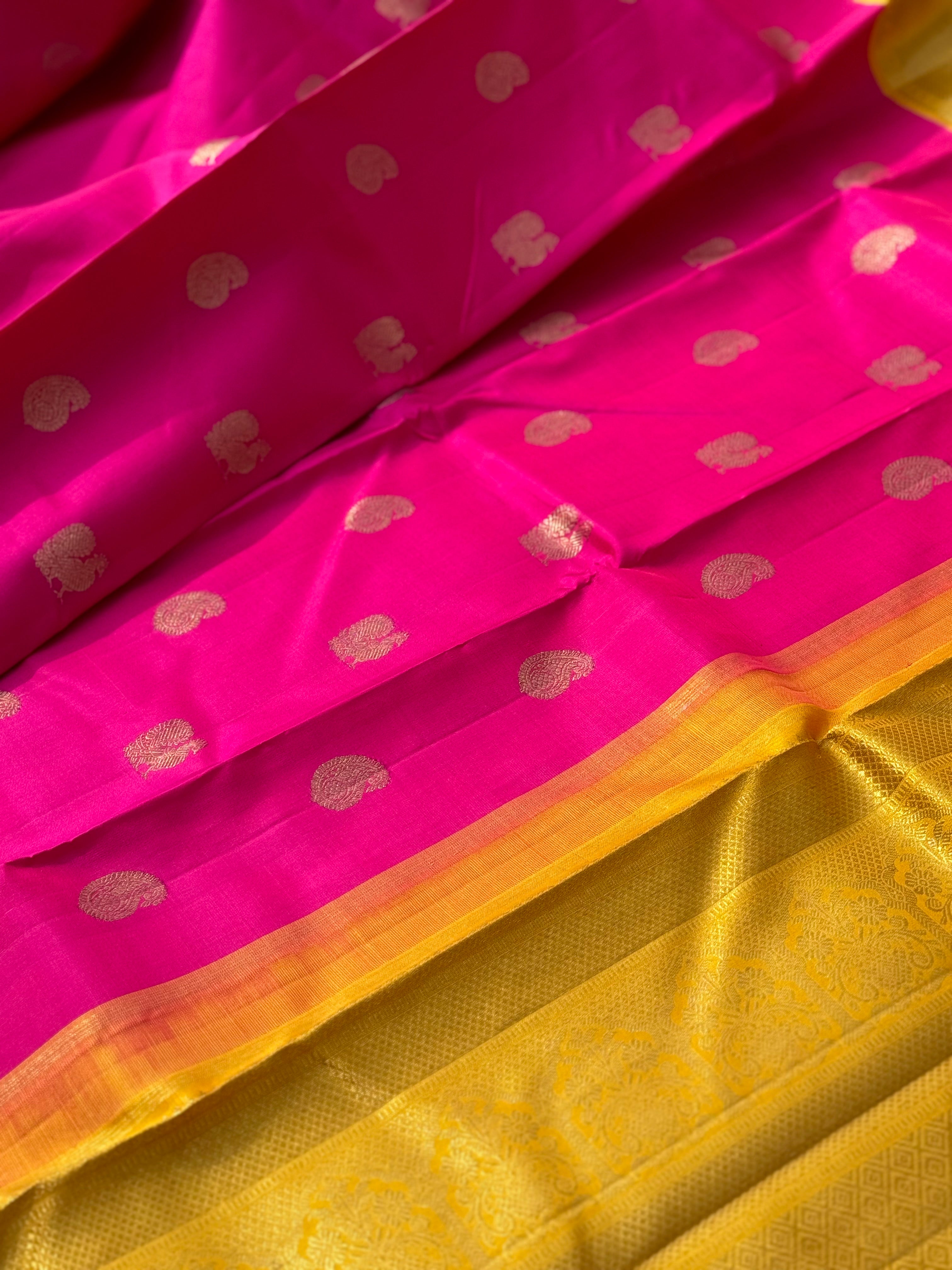 KADHAMBAM- The stunner pattu rose pink with oil mustard yellow korvai kanchivaram silk saree