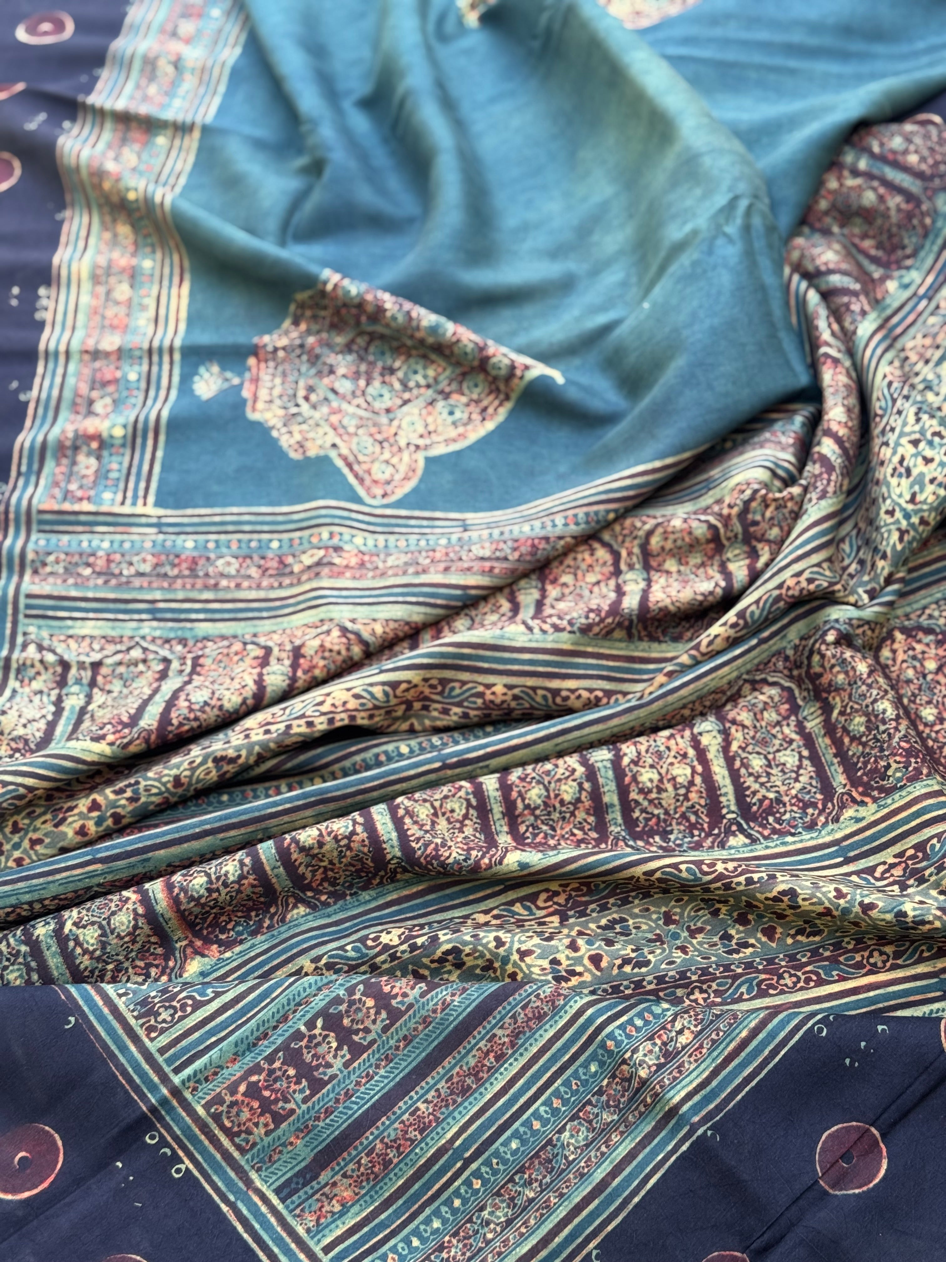 Natural Dyed Ajrakh Double Resist Persian Block printed mulberry Silk Saree