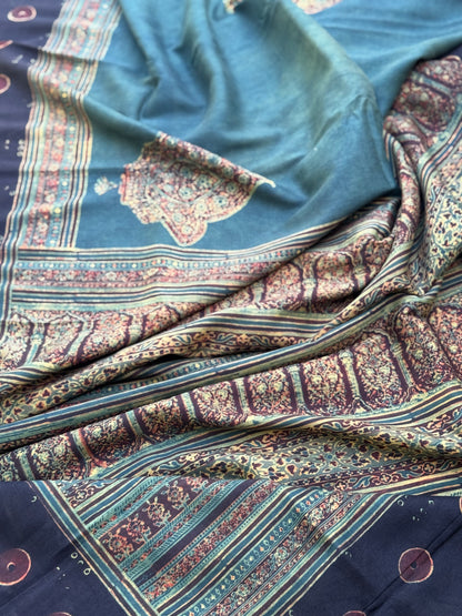 Natural Dyed Ajrakh Double Resist Persian Block printed mulberry Silk Saree