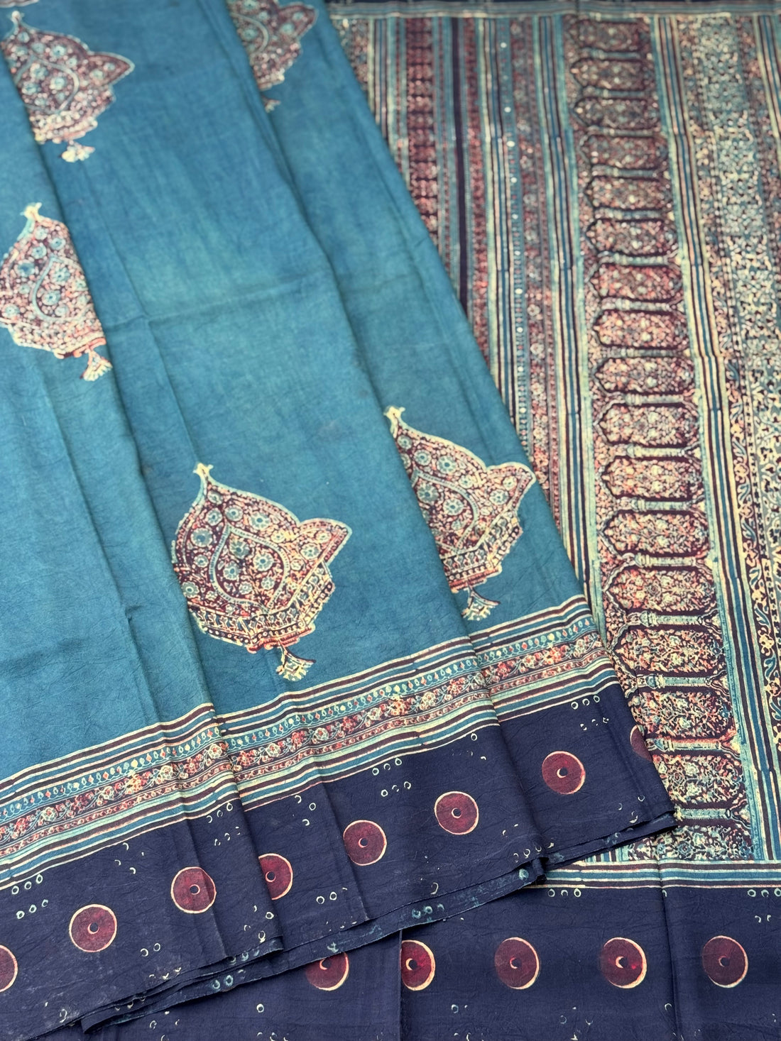 Natural Dyed Ajrakh Double Resist Persian Block printed mulberry Silk Saree