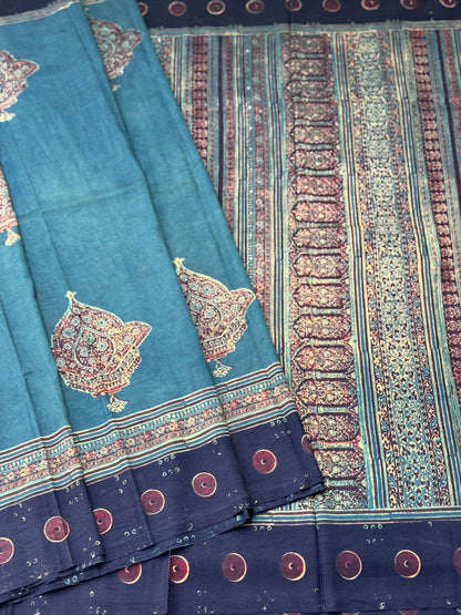 Natural Dyed Ajrakh Double Resist Persian Block printed mulberry Silk Saree