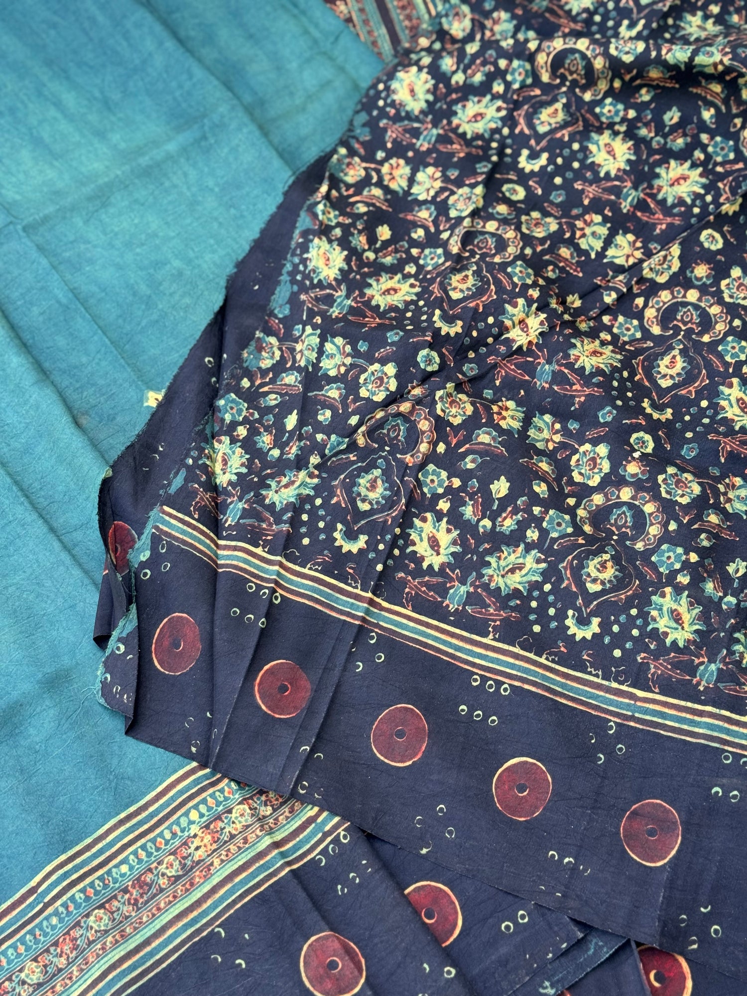 Natural Dyed Ajrakh Double Resist Persian Block printed mulberry Silk Saree