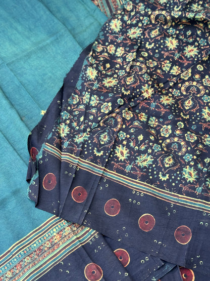 Natural Dyed Ajrakh Double Resist Persian Block printed mulberry Silk Saree