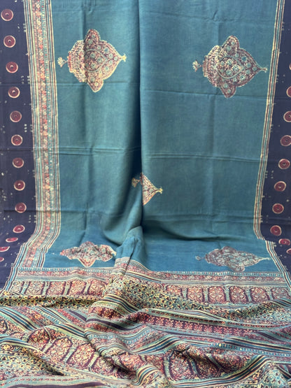 Natural Dyed Ajrakh Double Resist Persian Block printed mulberry Silk Saree